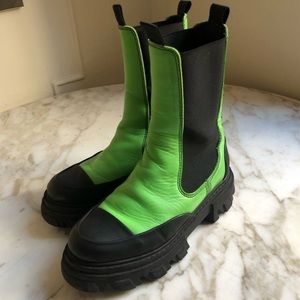 GANNI LEATHER MID-CALF CHELSEA BOOTS 37 FLASH GREEN